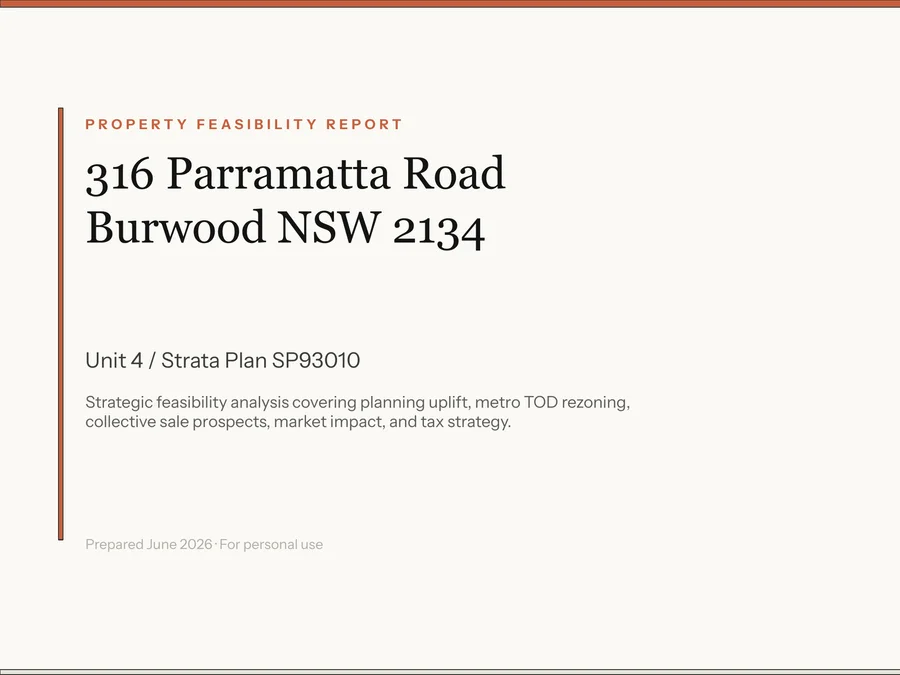 Sample output: cover of a branded property feasibility deck the pipeline generated for a Burwood, NSW address — one of several automated formats.